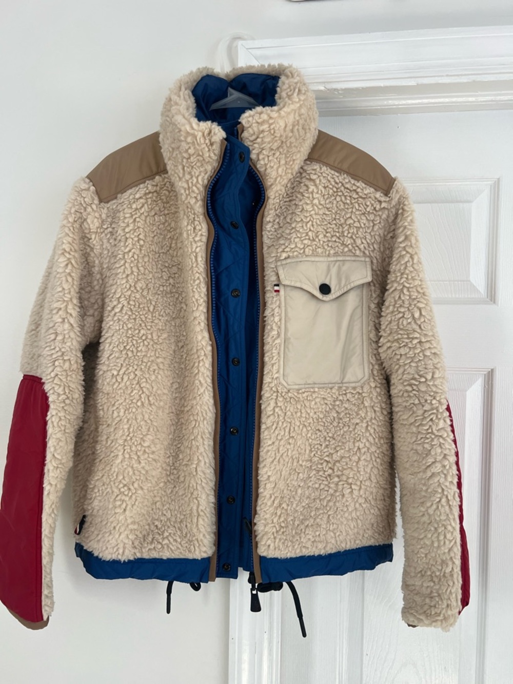 Moncler Reversible Cream Sherpa Puffer Jacket with Blue and Red Accents